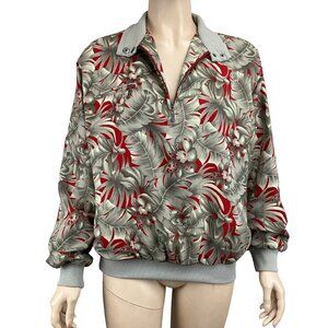 Tehama‎ Tropical Floral Pullover Jacket Size Medium Red & Gray Nancy Haley
